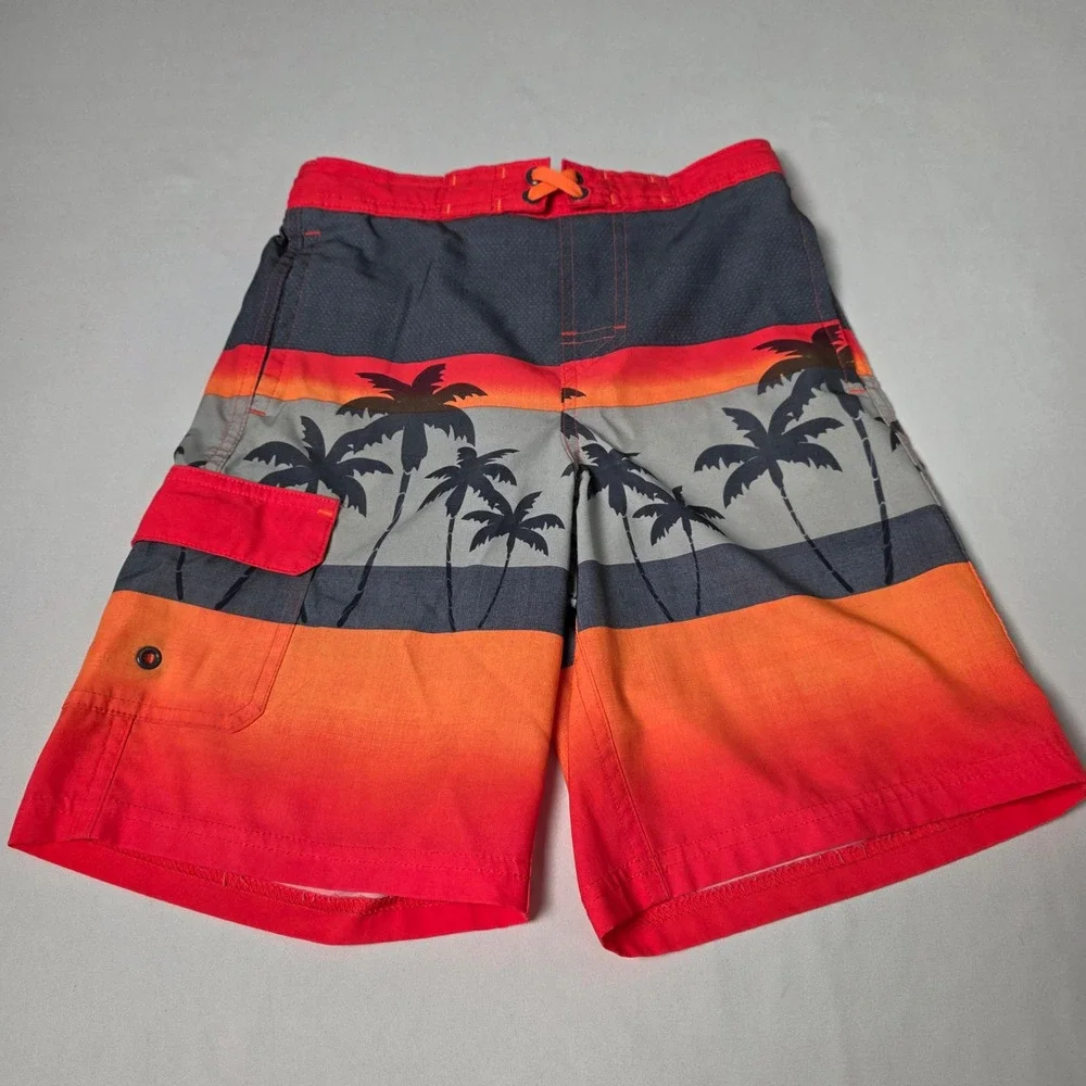 Wonder Nation‎ Swim Trunks Boys L 10-12 Red Orange Palm Tree Ombre Board Shorts